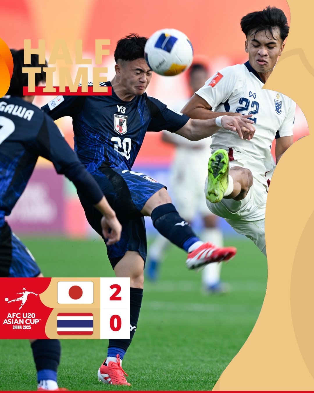  半場-日本U20 2-0領(lǐng)先泰國U20，石井久繼破門+中柱 泰國0射正