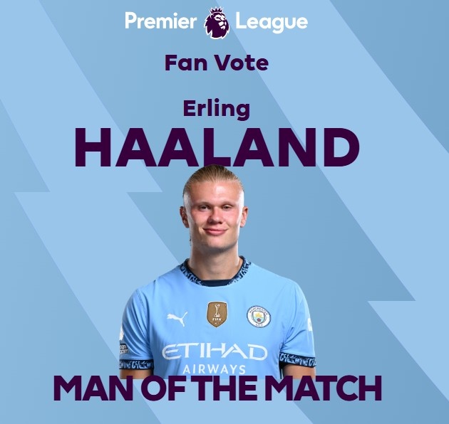  打進致勝球！英超官方：哈蘭德當選曼城1-0熱刺全場最佳球員