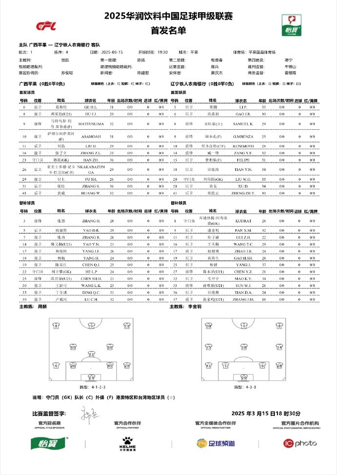  中甲-廣西平果vs遼寧鐵人首發(fā)：三外援對(duì)決三外援，安以恩出戰(zhàn)